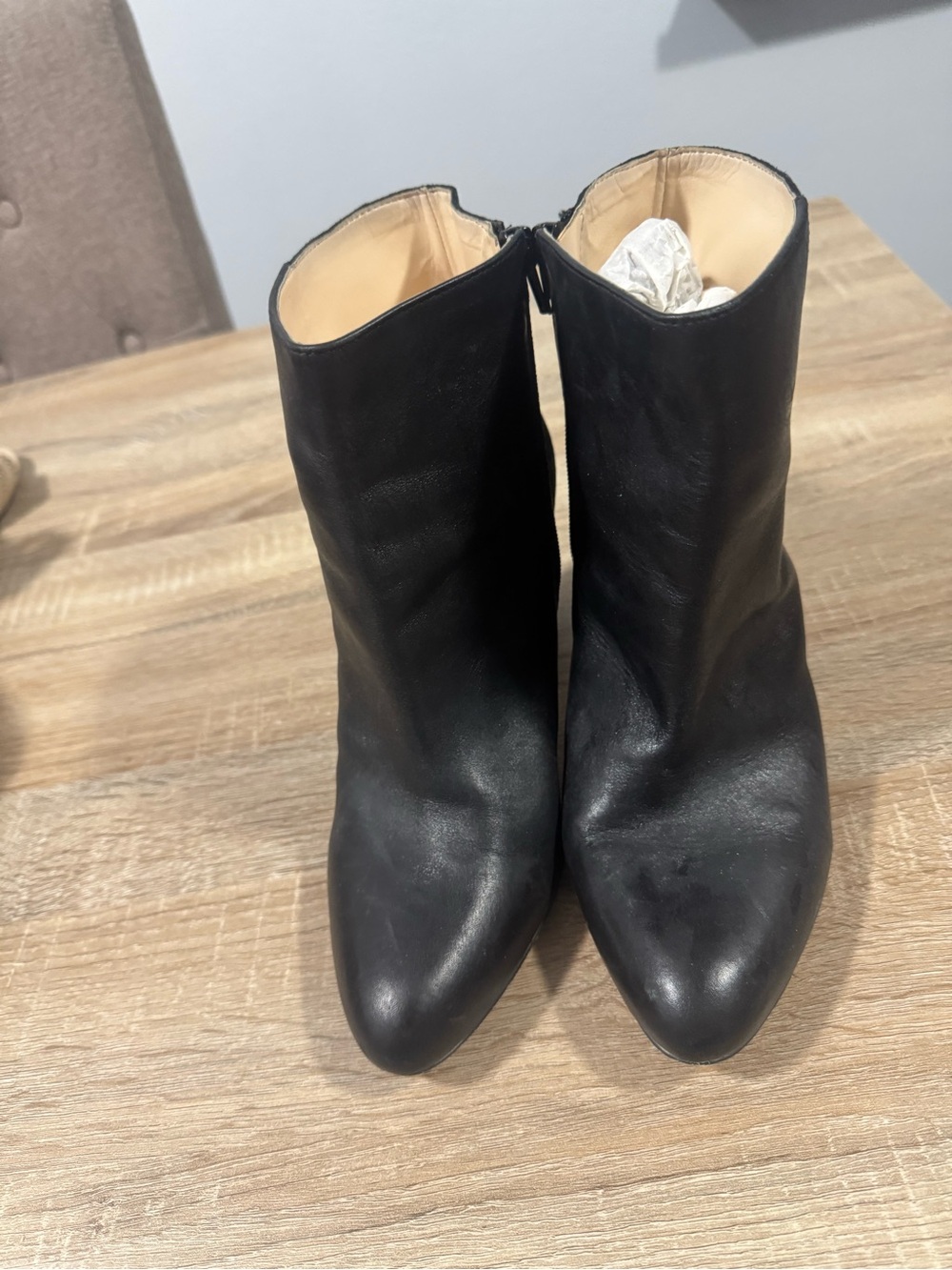 Women’s Black Leather Ankle Boots - with gold on top of heel Classic Zip Bootie